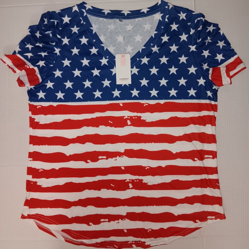 XIEERDUO FASHION PATRIOTIC SHORT SLEEVE V-NECK STARS & STRIPES TOP SIZE XL